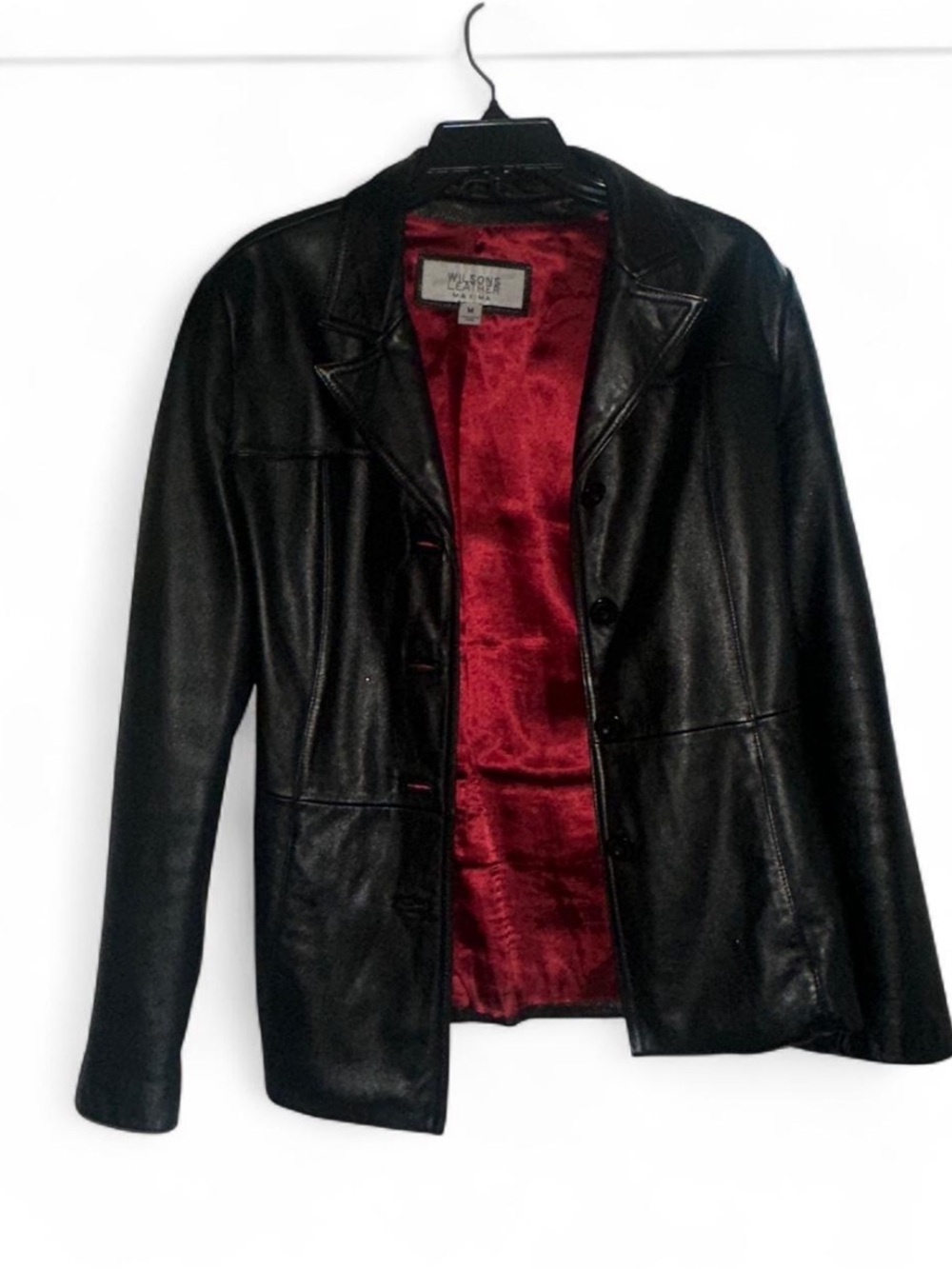 Wilsons Leather Black Leather Jacket with Red Satin Lining